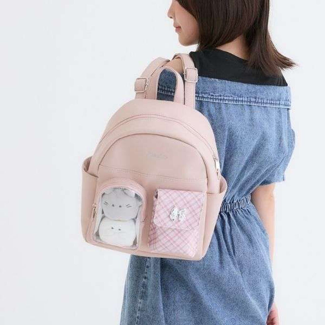 Double Pocket Checkered Backpack,Pink, large image number 0