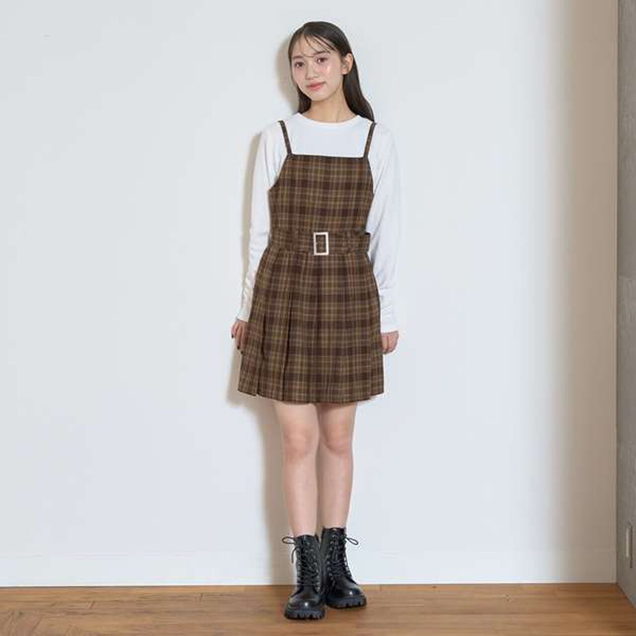 Check Jumper Skirt,Brown, large image number 0