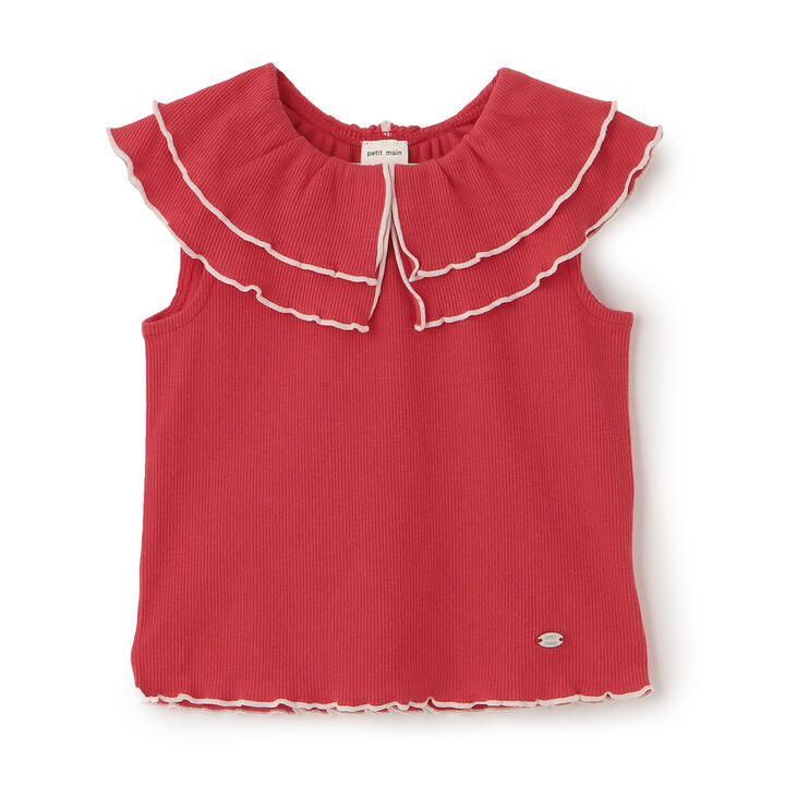 [Cool Touch/Link] Ruffle Collar T-Shirt,Coral red, medium image number 0