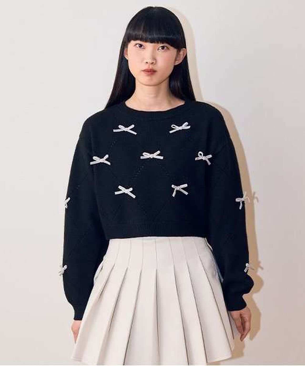 Ribbon Motif Diamond Knitwear,Black, large image number 0