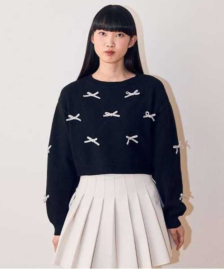 Ribbon Motif Diamond Knitwear,Black, medium image number 0