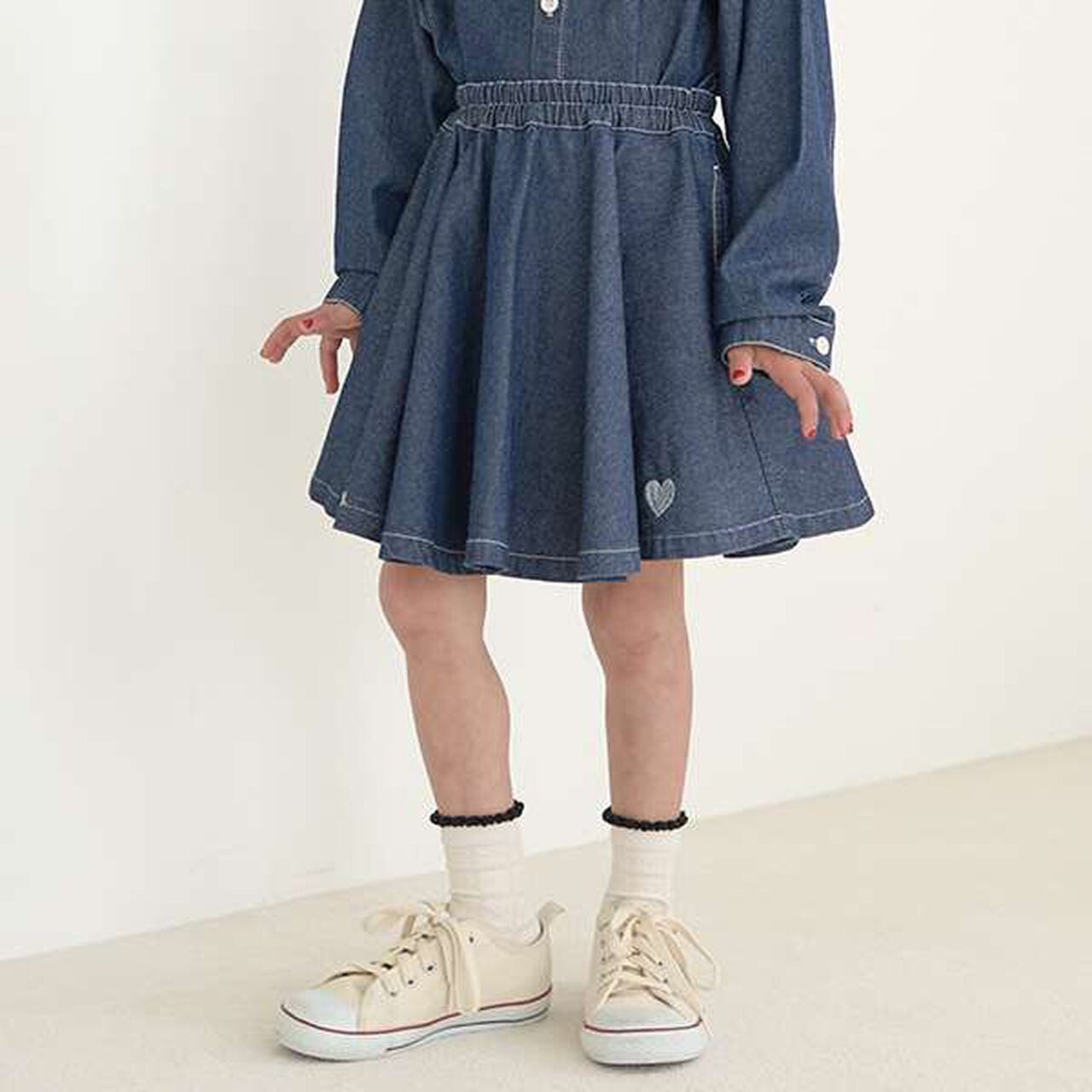 Soft Denim Heart Embroidery Flare Skirt,Blue, large image number 0