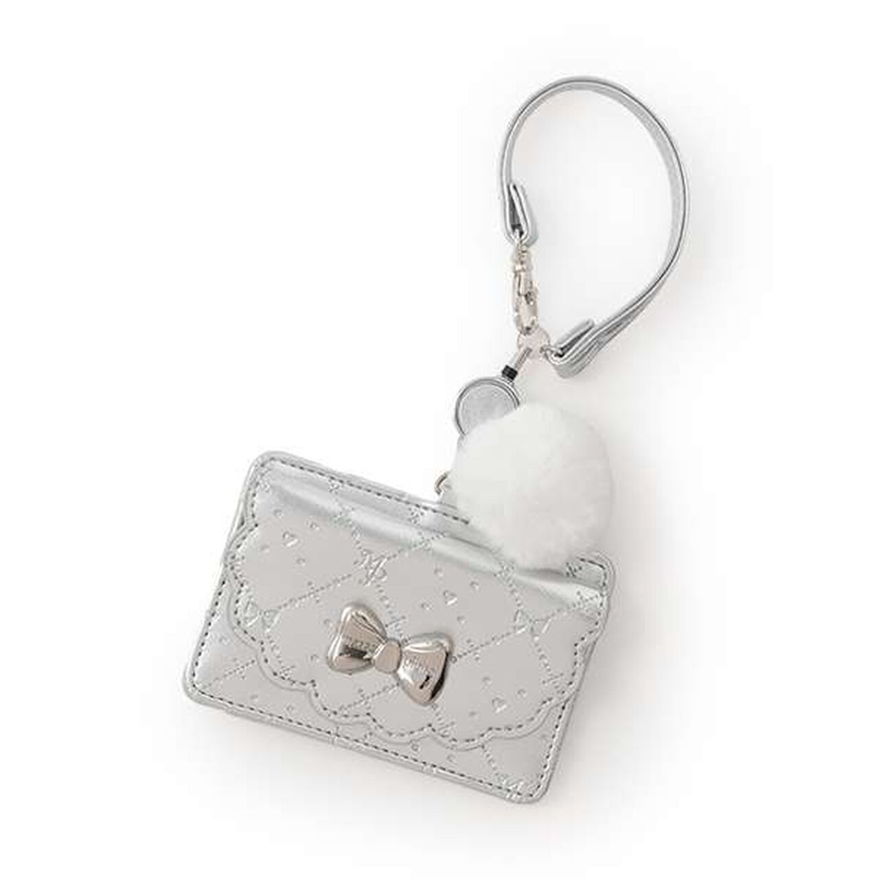 Monogram Pattern Embossed Card Holder with Pom-Pom,Silver, large image number 0