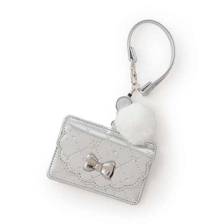 Monogram Pattern Embossed Card Holder with Pom-Pom,Silver, medium image number 0