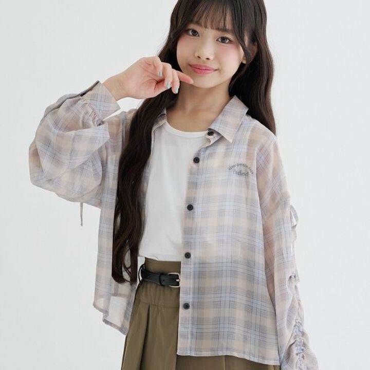 Checkered Sheer Sleeve Drawstring Shirt & Tank Set,, medium