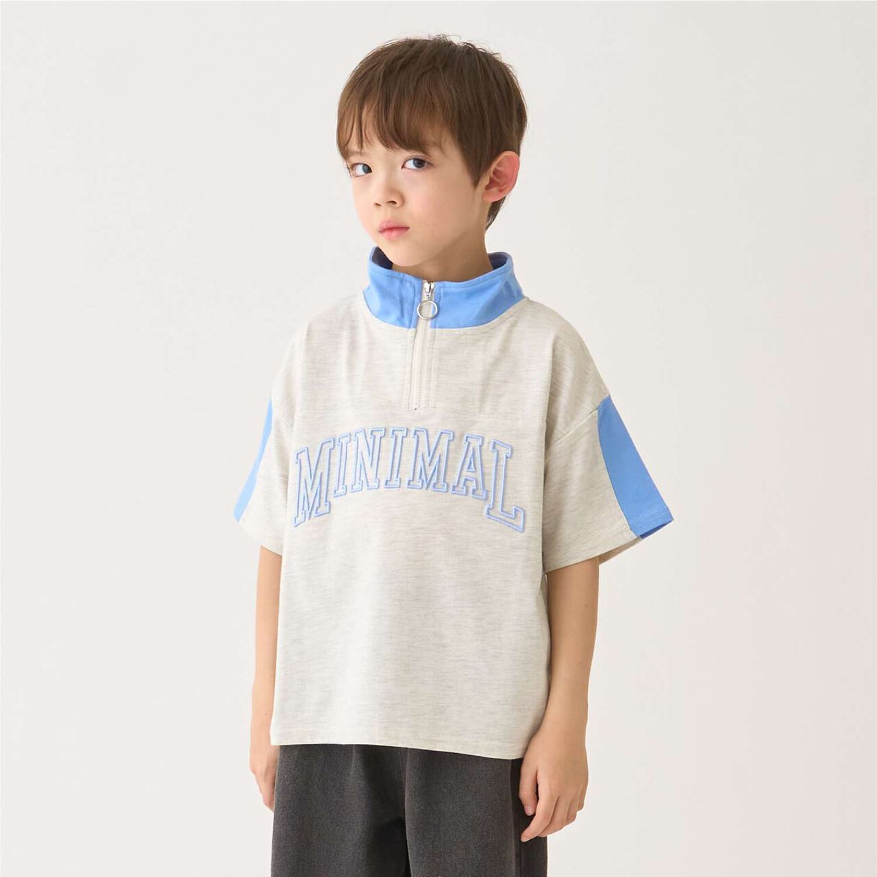 Half-Zip Loose Short Sleeve T-Shirt,Smoke white, large image number 0