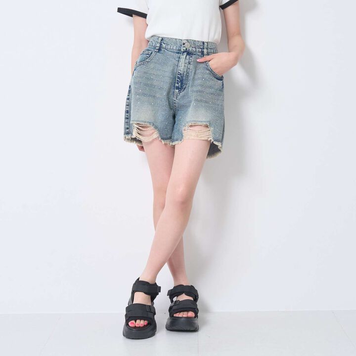 [LTXC / Cool Touch] Sparkling Distressed Denim Shorts,Blue, medium image number 2