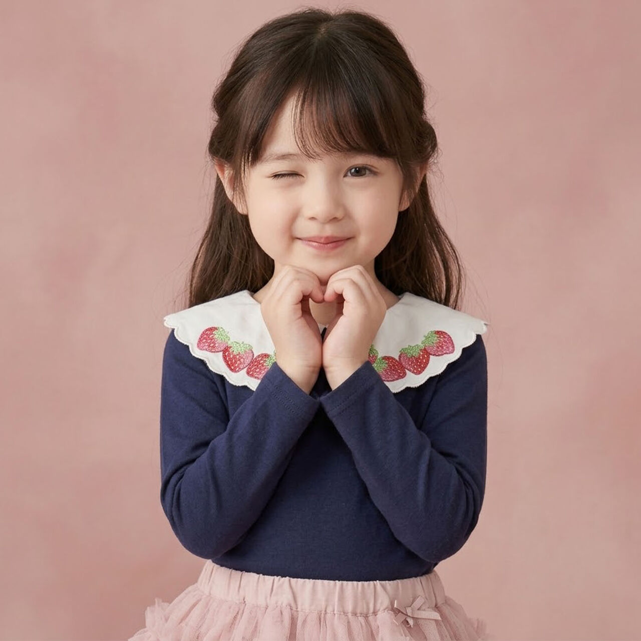 Strawberry Embroidery Scallop Collar Top,Navy, large image number 0