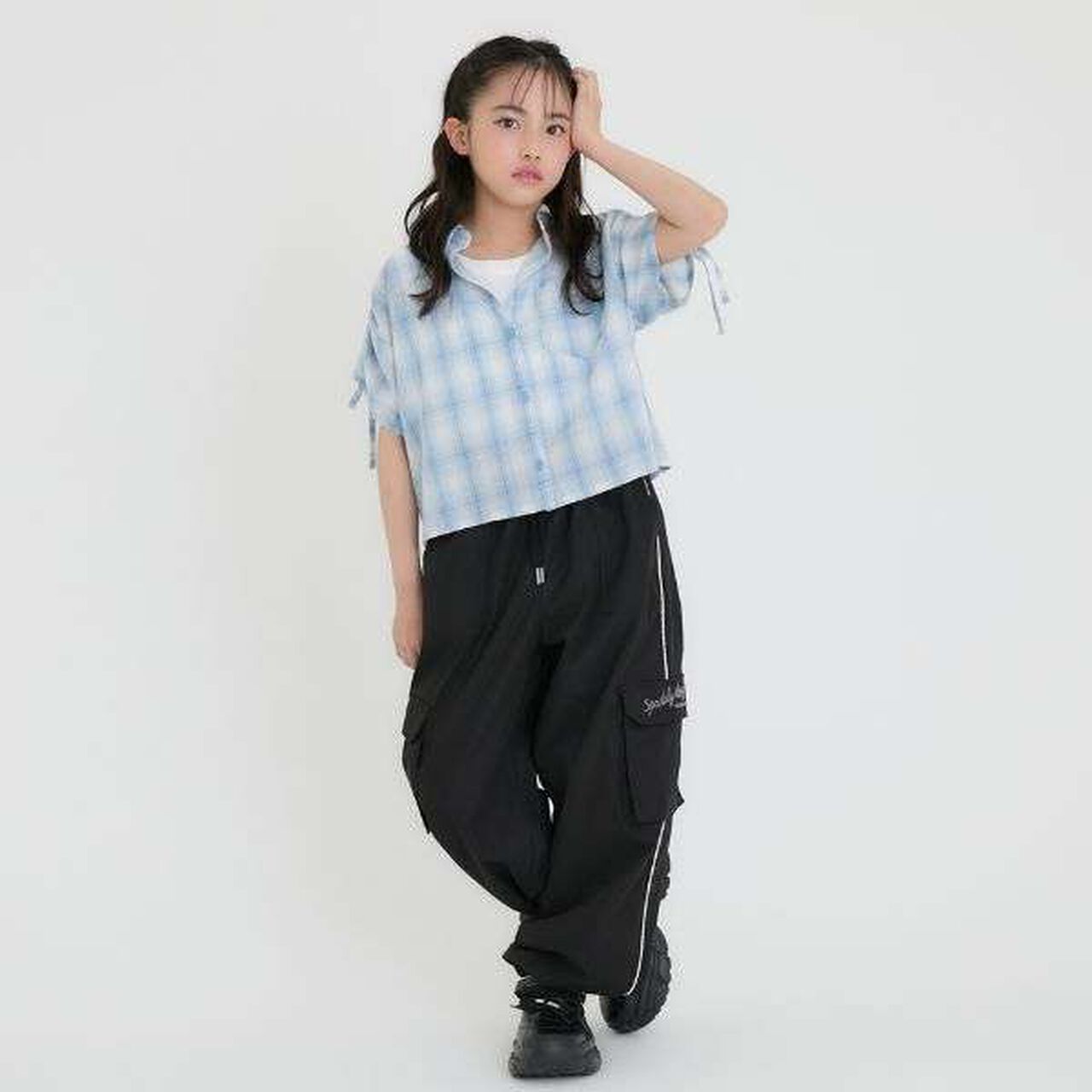 [3WAY] Checkered Shirt with Sleeve Drawstring + Tank Top Set,Black, large image number 19
