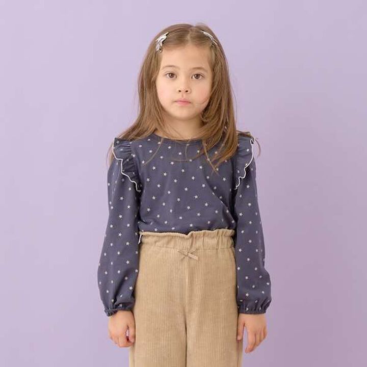 Non-Deforming Frill Sleeve Patterned T-Shirt,Navy, medium image number 0