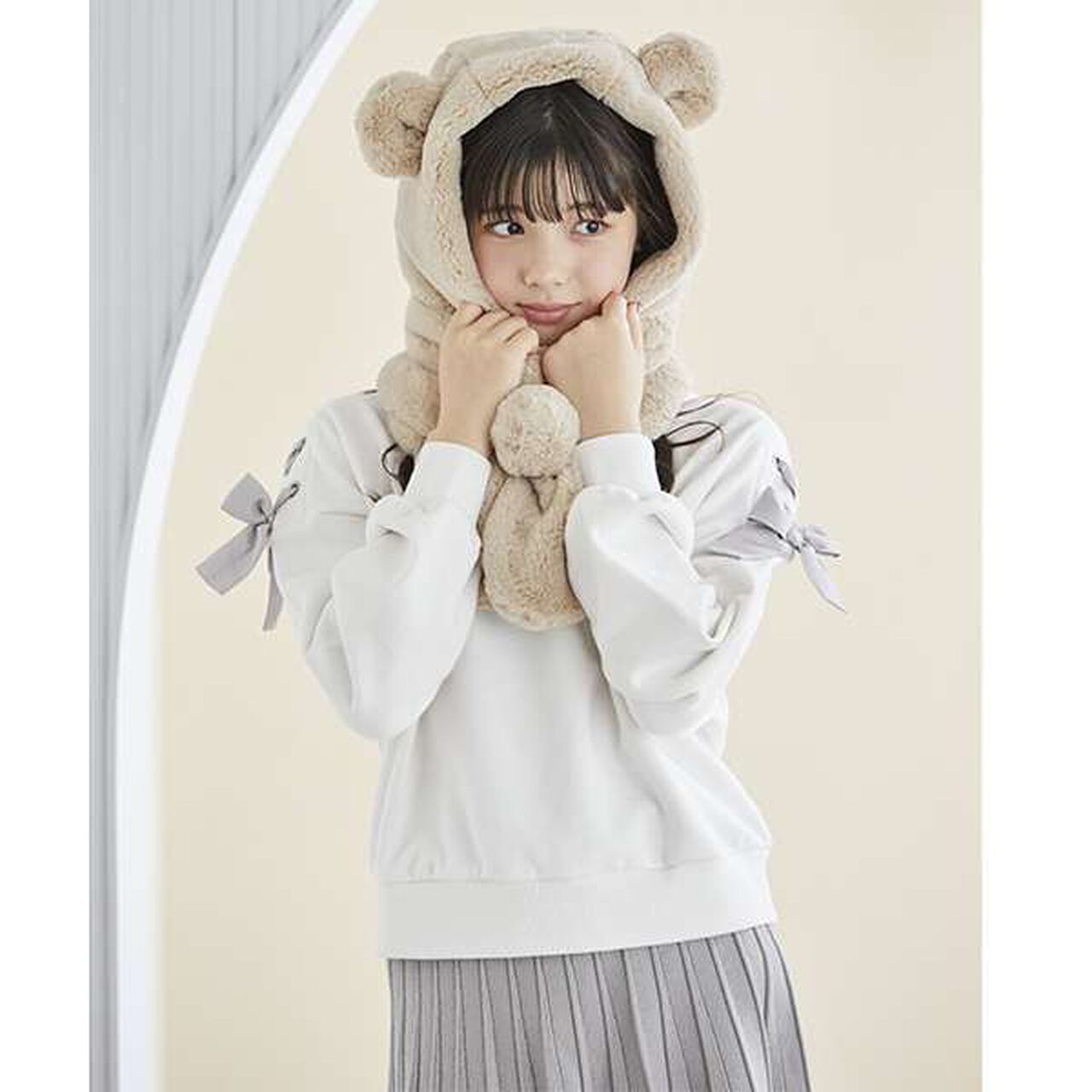 Bear Ear Hooded Scarf,Light beige, large image number 10