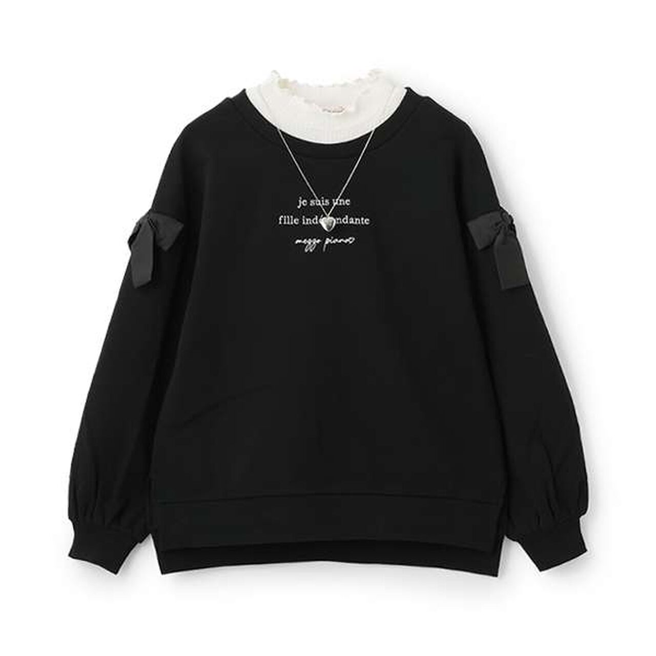 Sweatshirt with Shoulder Ribbons and Necklace,Black, large image number 0