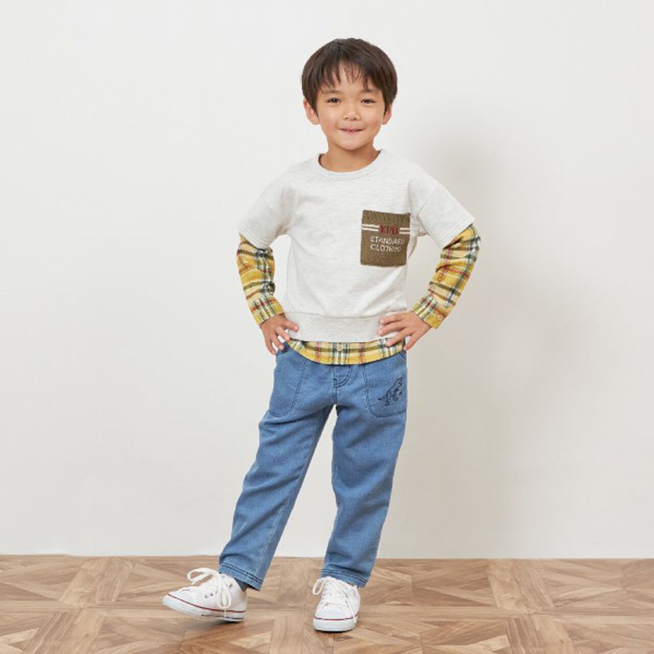 KPBOY Checkered Layered Sweatshirt in Lightweight French Terry (90-160),Black, large image number 12