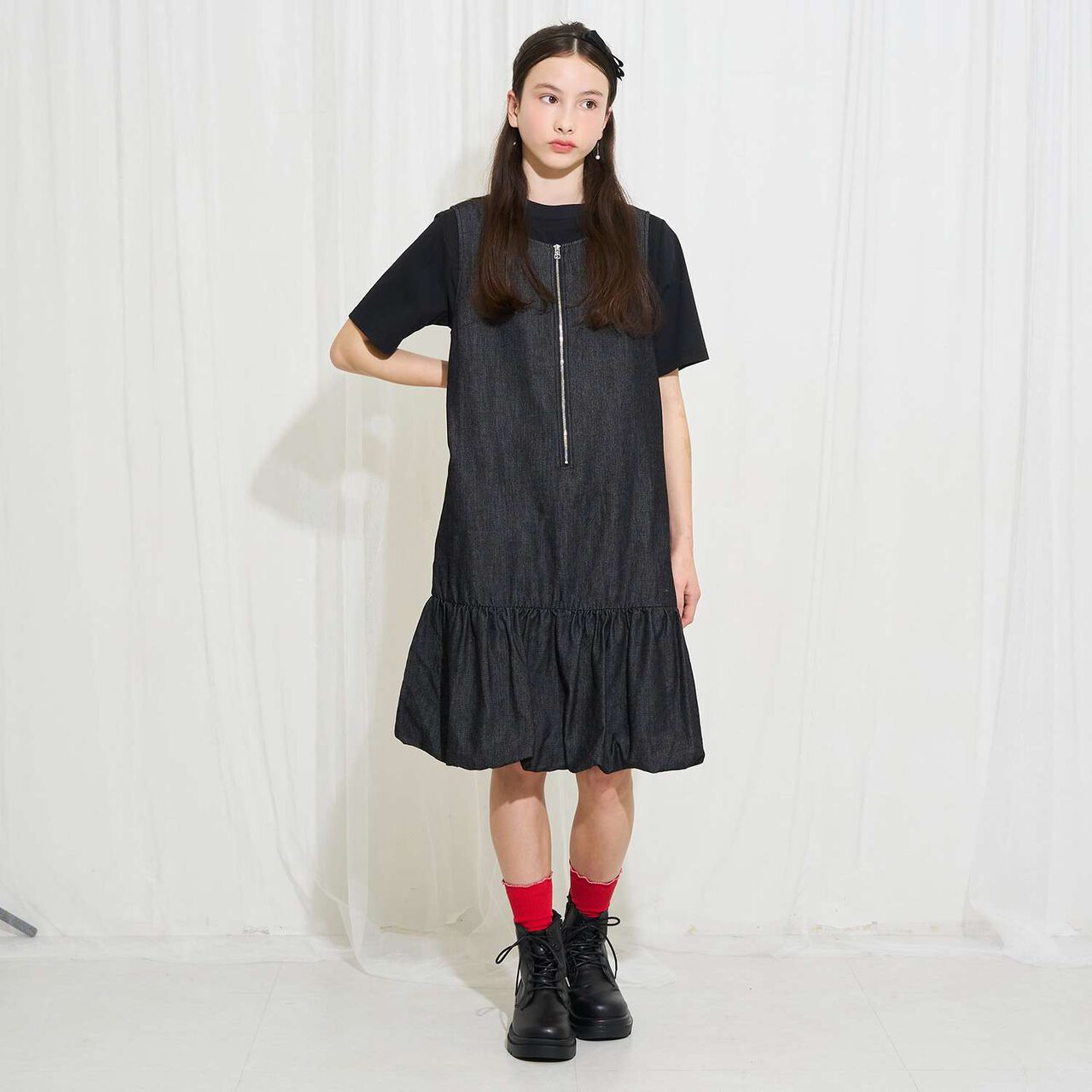 [AMI] Cool Touch Denim Balloon Jumper Skirt Inner Set,Black, large image number 0