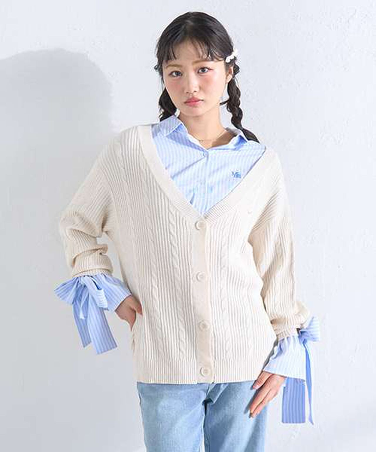 Shirt & Knit Cardigan Set,Ivory, large image number 0