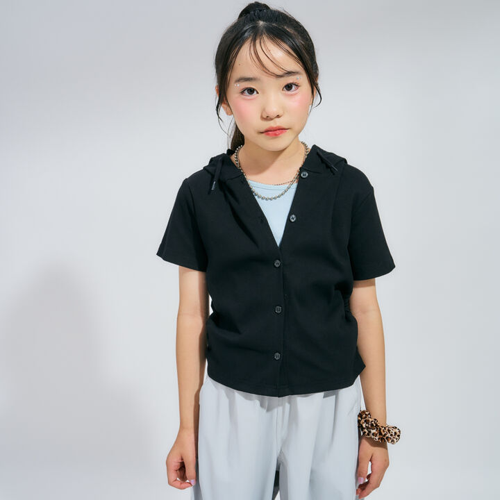 Ribbed Fabric Faux Layered Short-Sleeve Hoodie,, medium