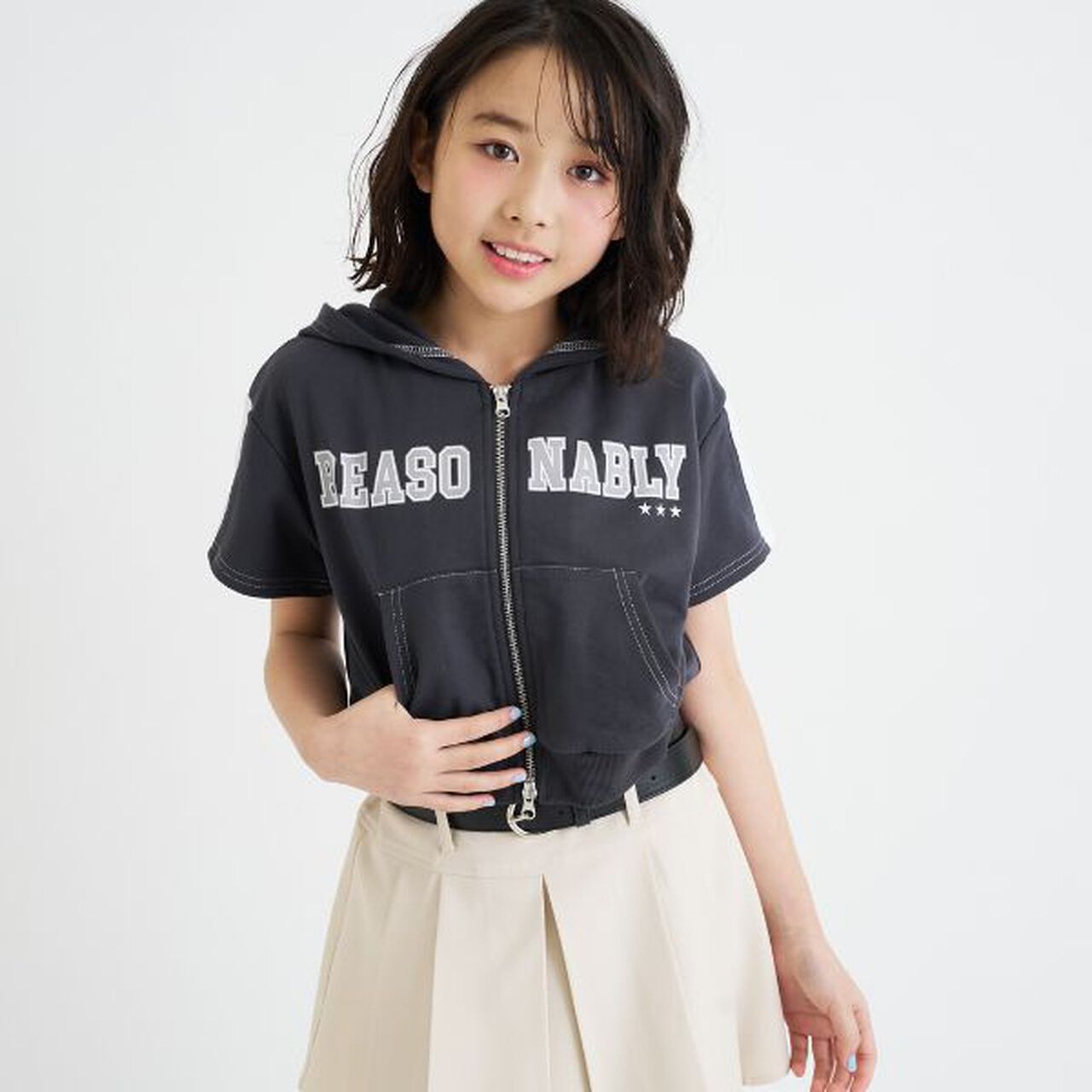 Double ZIP Mini French Terry Short-Sleeve Hoodie,Off white, large image number 17