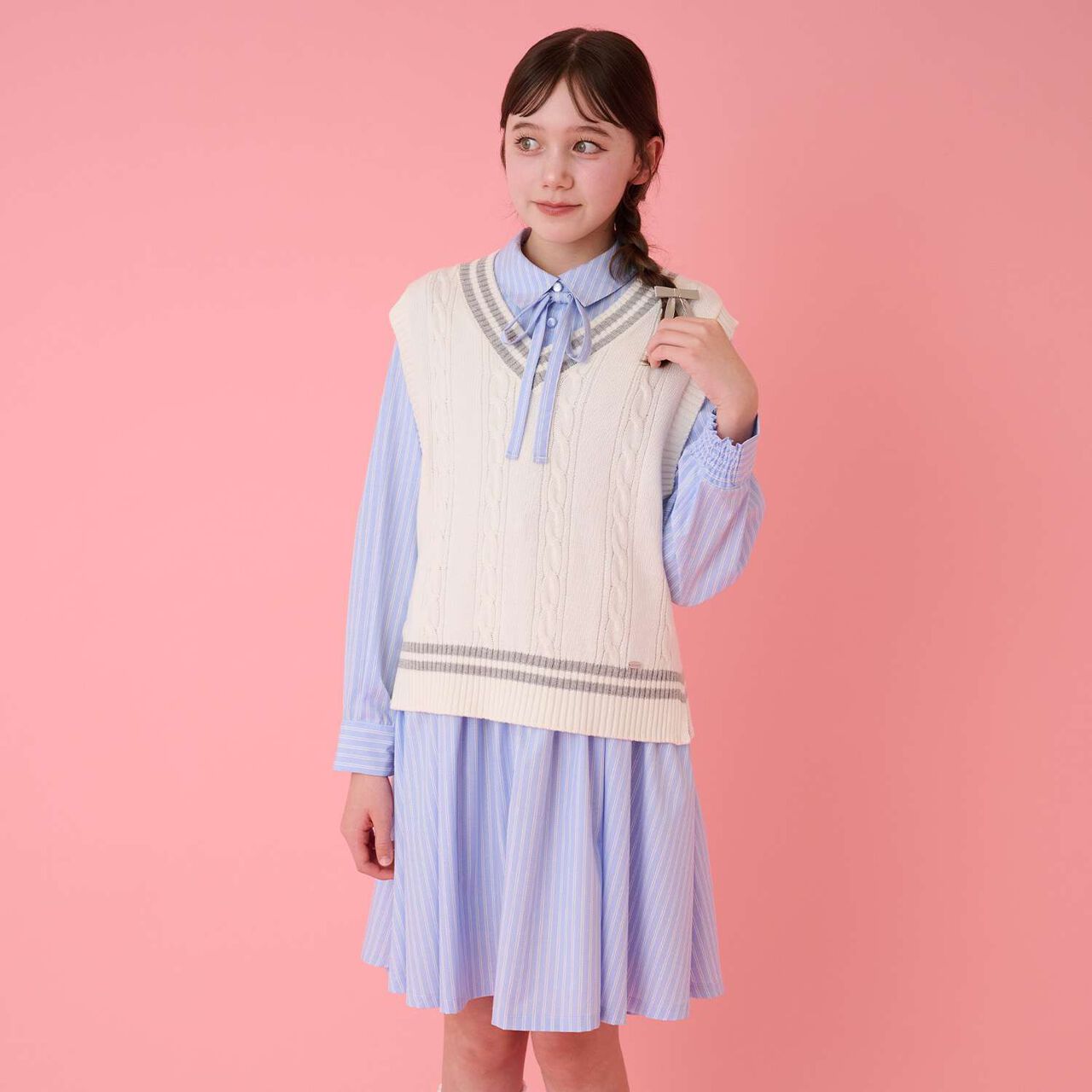 Knit Vest & Shirt Dress Set,Sax blue, large image number 18