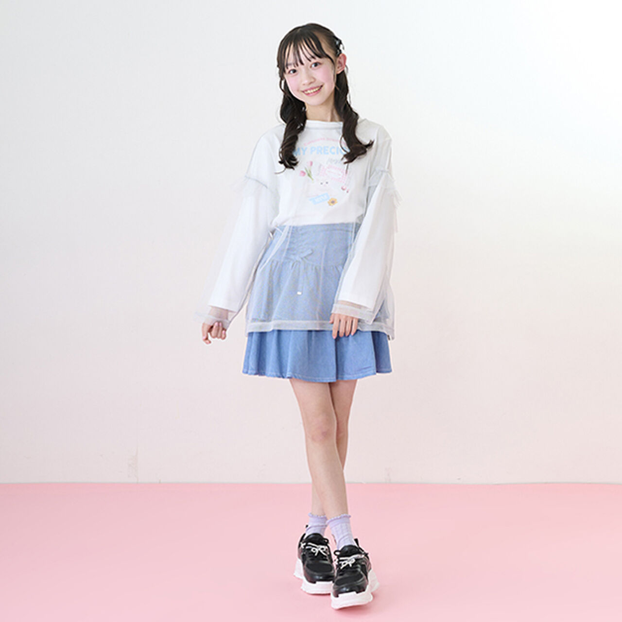 Drawstring Tiered Skirt with Shorts,Light blue, large image number 3