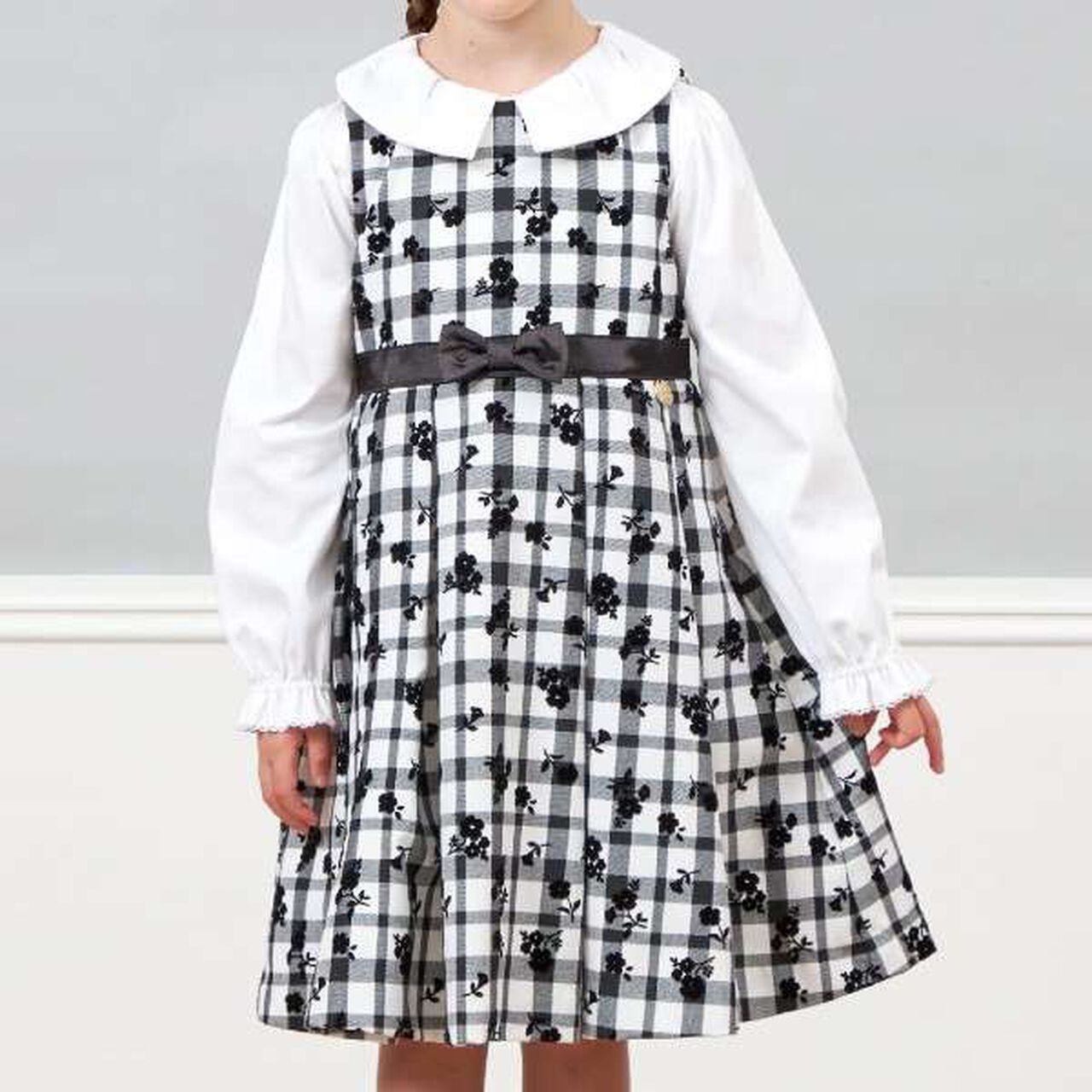 KP Check ON Flower Print Jumper Skirt (110-130),Black, large image number 3