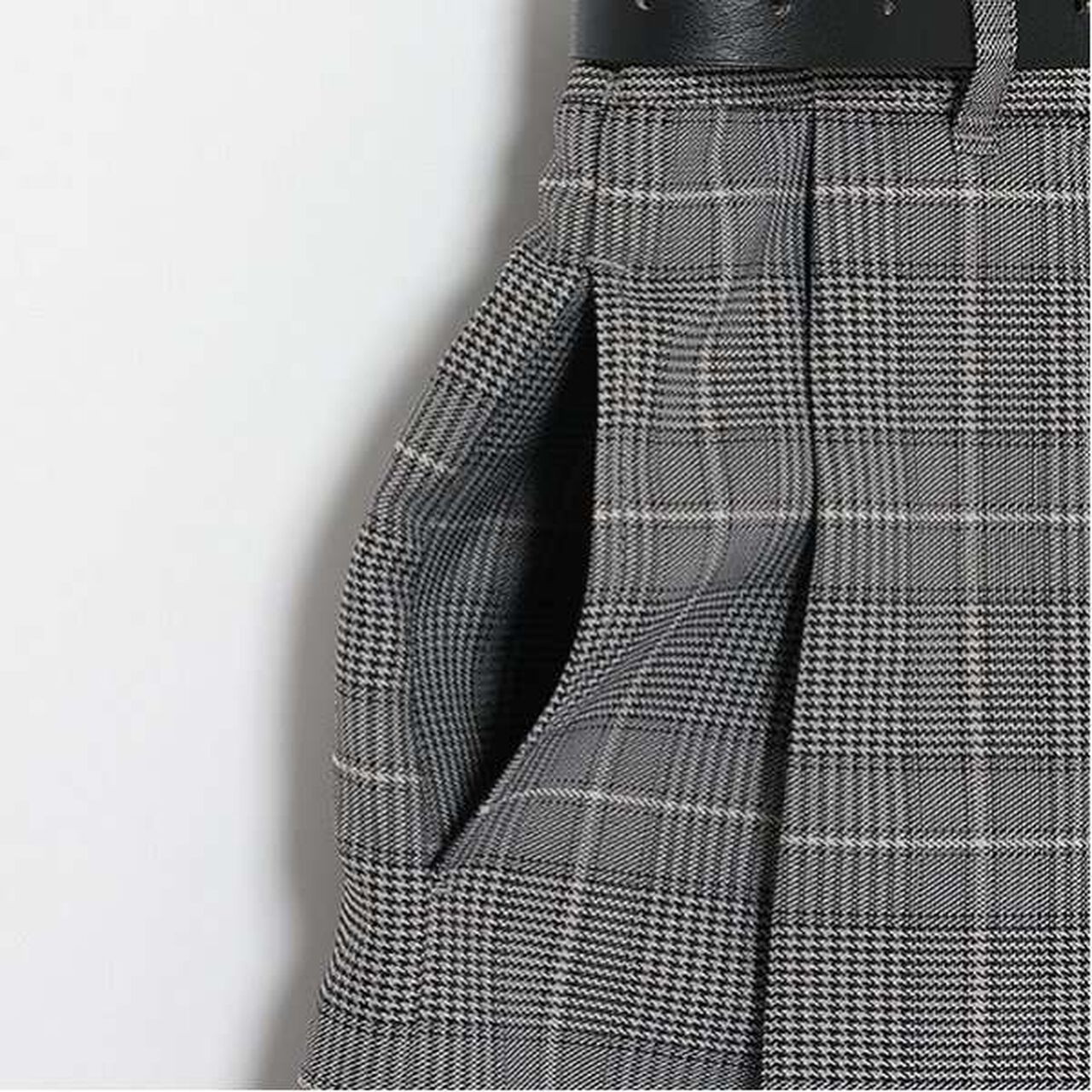 Belted Check Pleated Skirt-Pants,Brown, large image number 17