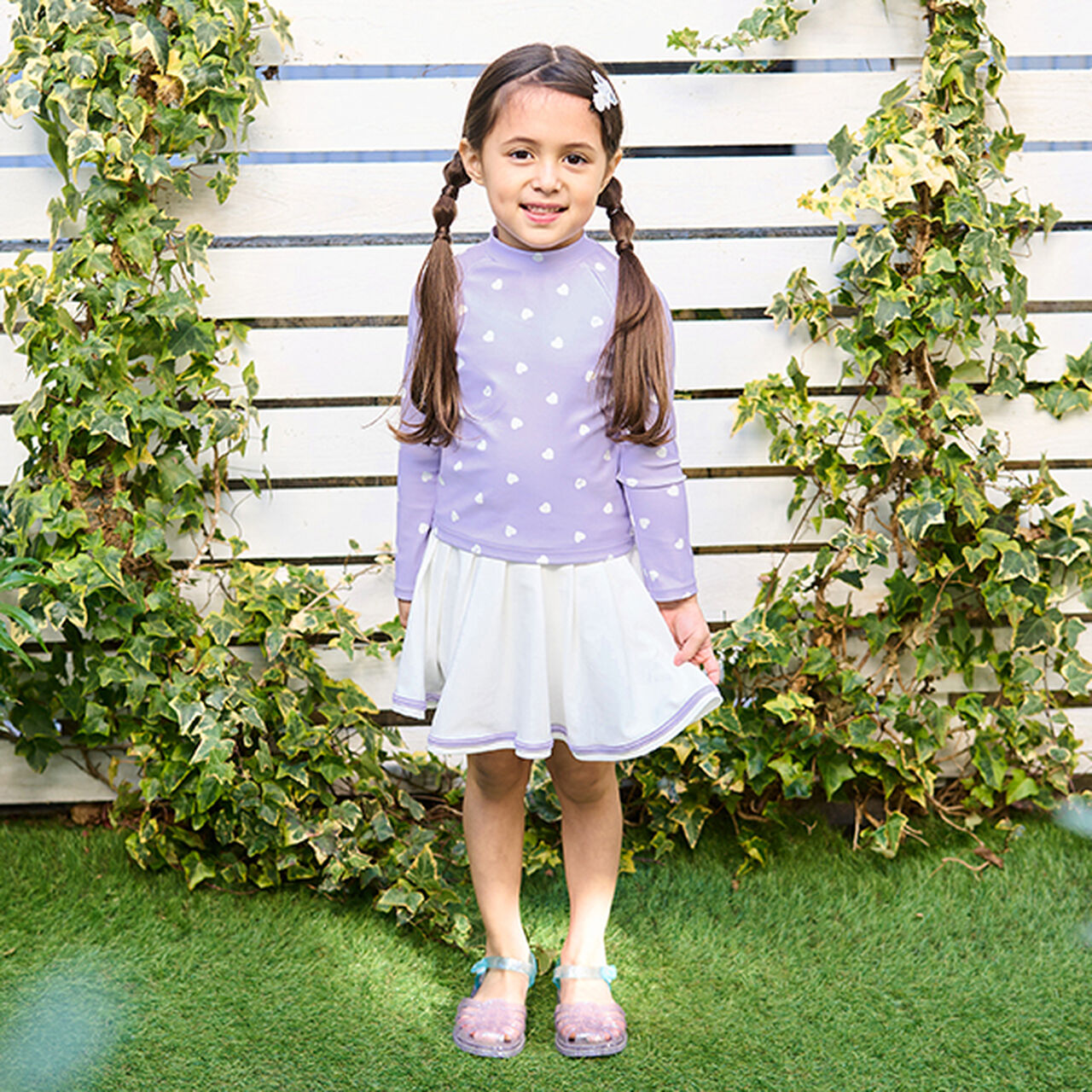 [SWIM] [UV Processing] Heart Pattern Rash Guard & Pleated Skirt Set,Ivory, large image number 19