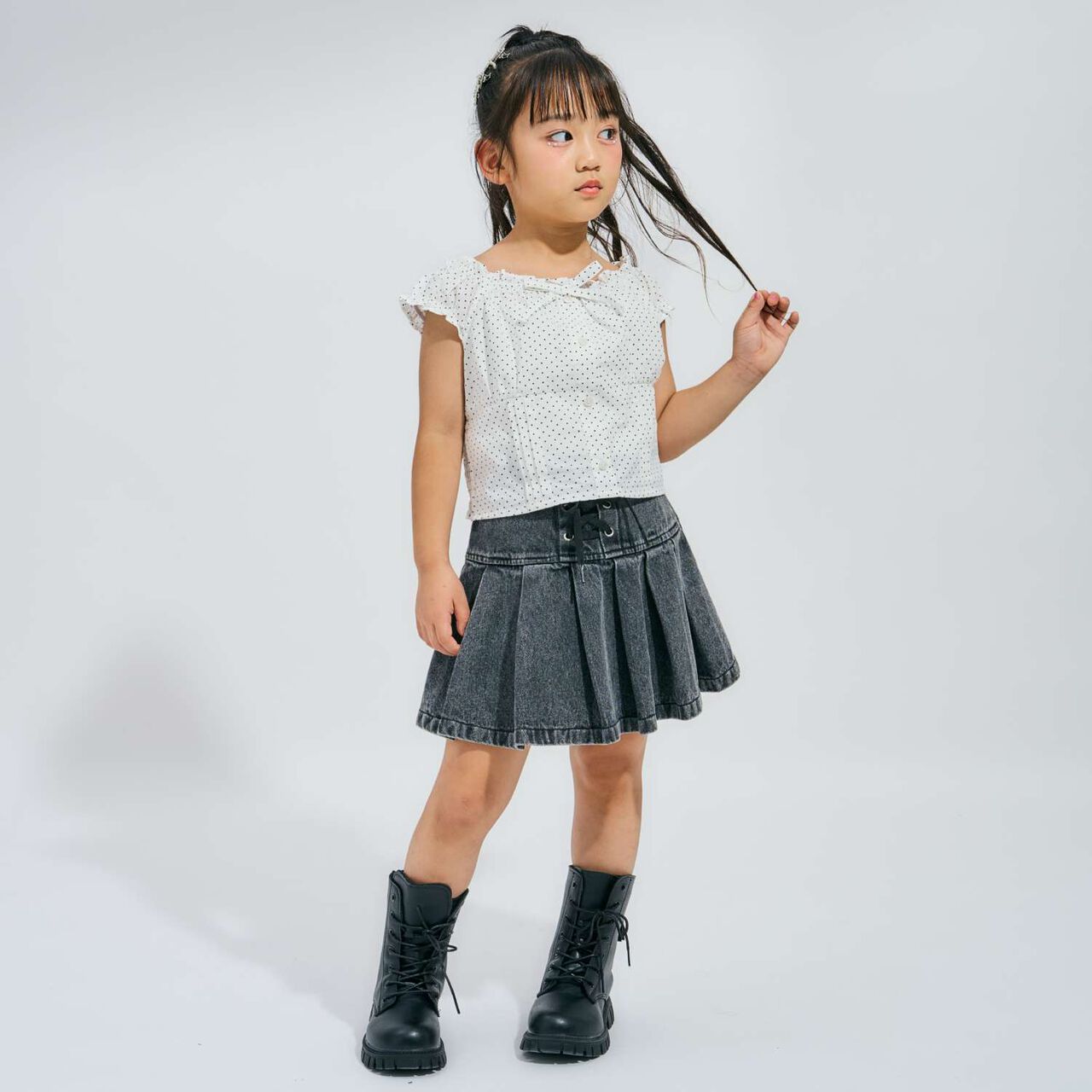 [Lace-Up Denim Skirt with Inner Pants],Blue, large image number 1