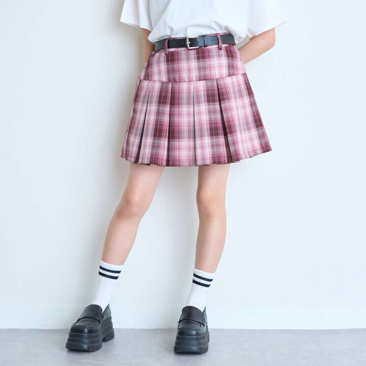 [Easy Care] Check Pleated Skirt with Belt,Pink, medium image number 0