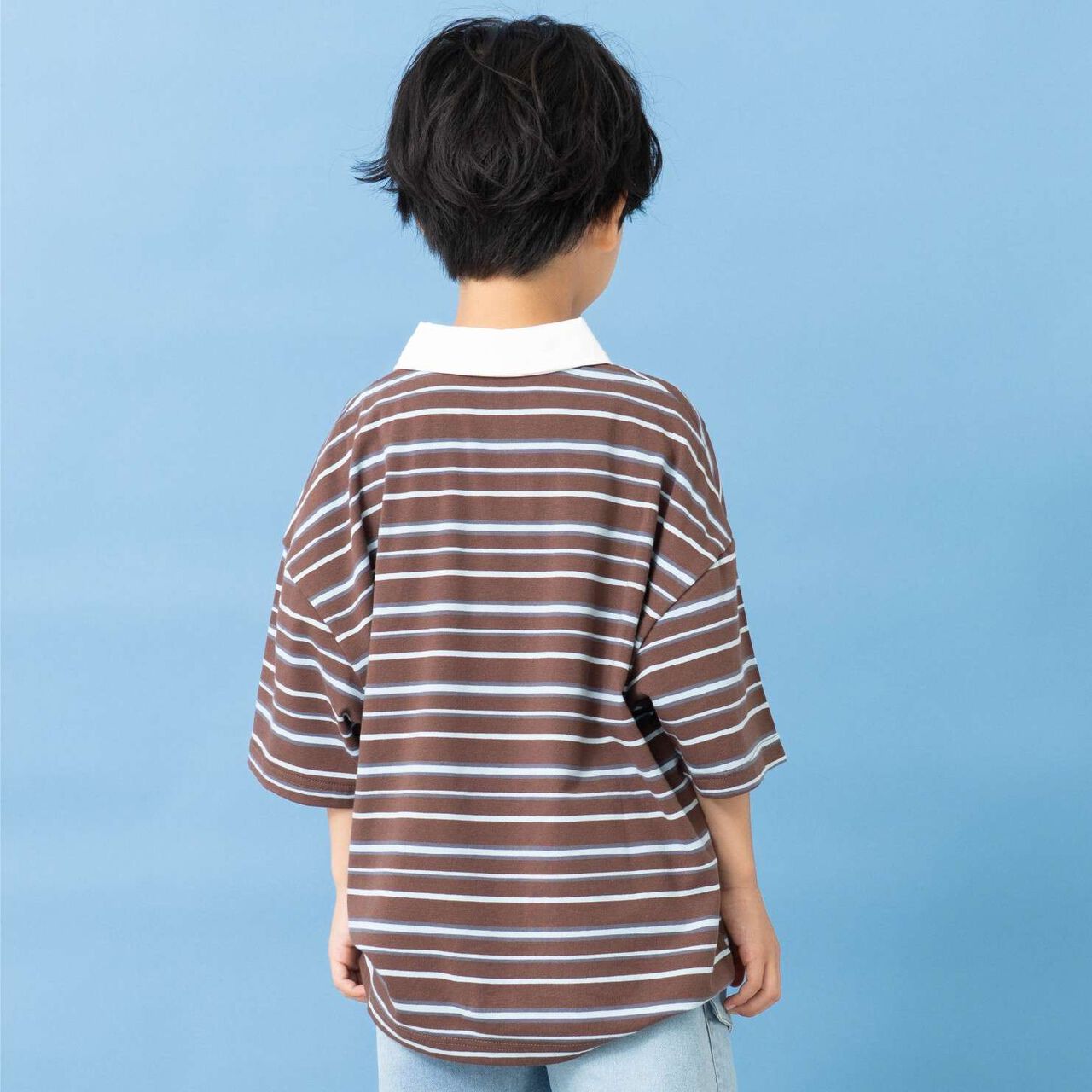 多色橫條紋寬版剪裁短袖橄欖球風襯衫,白色, large image number 1