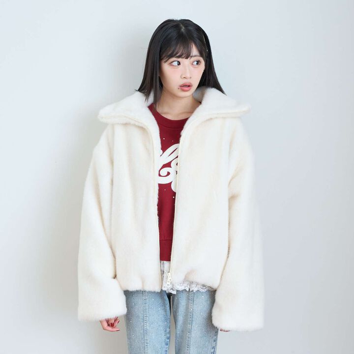 Double Zipper Faux Fur Bomber Jacket,Off white, medium image number 4