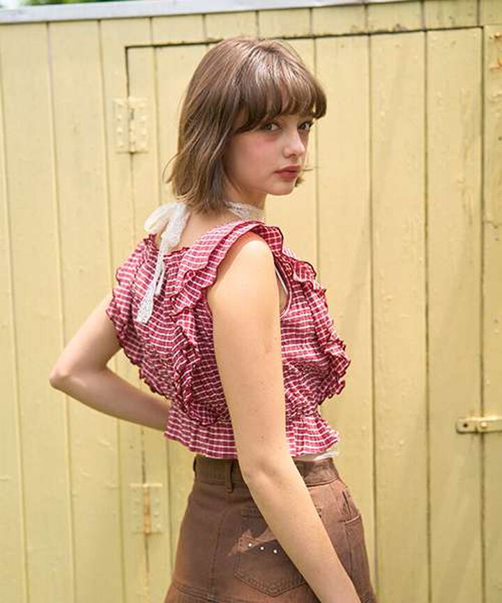 Frill Sleeve Checkered Blouse [Korean Fashion],Black, medium image number 1