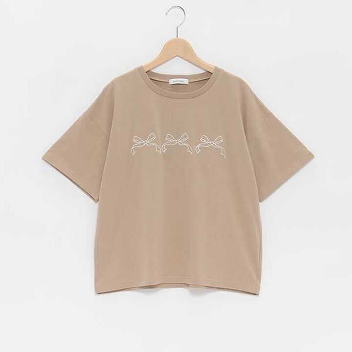 Ribbon Embroidered Half T-Shirt,Mocha tea, medium image number 8