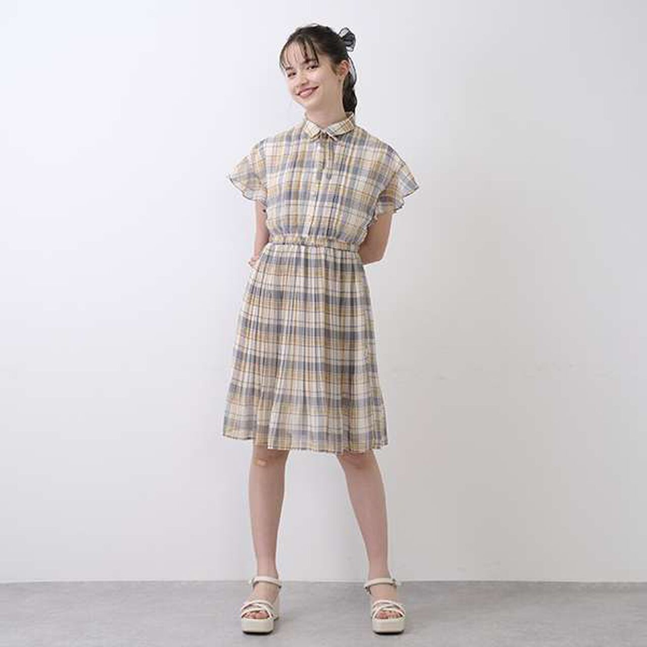 Collared Pleated One-Piece Dress,Black, large image number 8