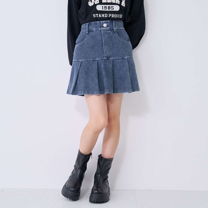 [Stretch] Denim-Look Cut Pleated Skirt,Blue, medium image number 4