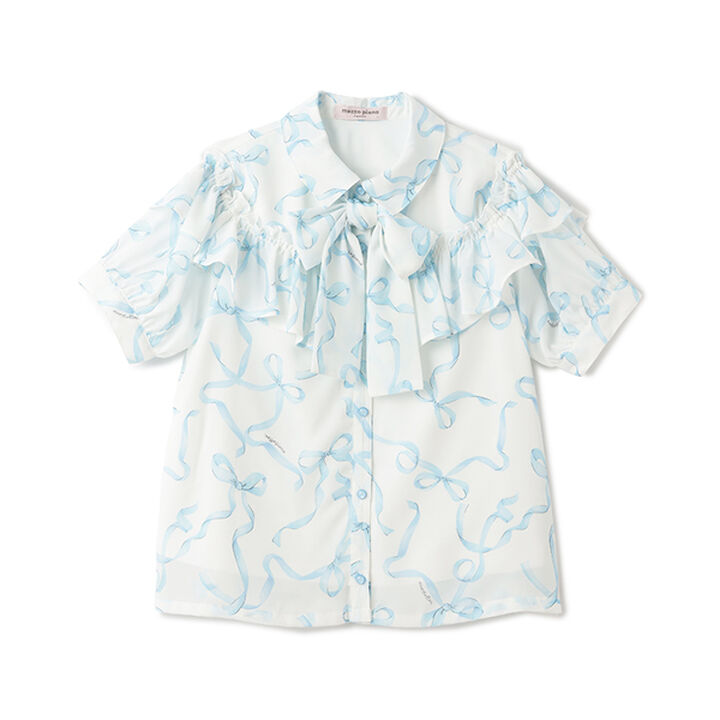 Frill Blouse with Bow Tie and Ribbon Pattern,Light blue, medium image number 4