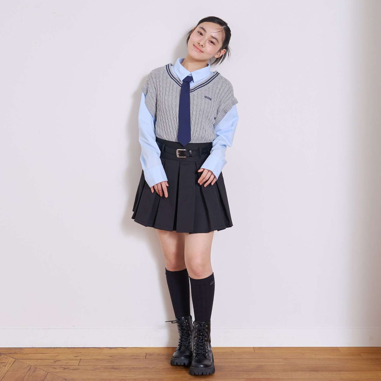 [Easy Care] Pleated Skirt with Belt,Gray, large image number 2