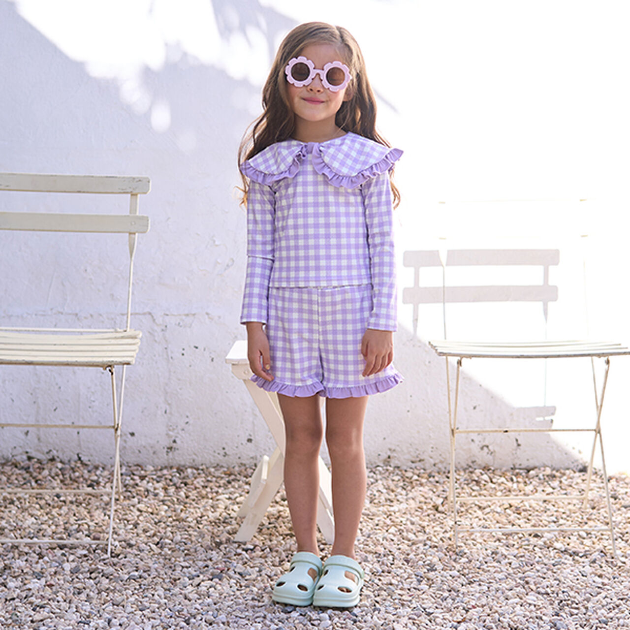 [SWIM] [UV Processing] Assorted Pattern Frill Collar Rash Guard & Pants Set,Navy, large image number 22