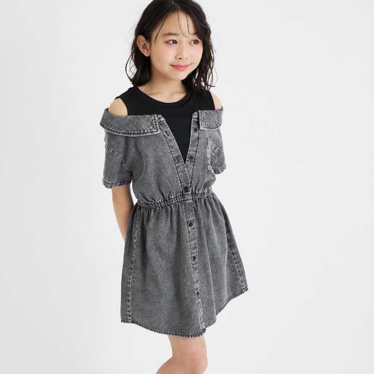 Shoulder Cutout Denim Shirt Dress,Gray, large image number 16
