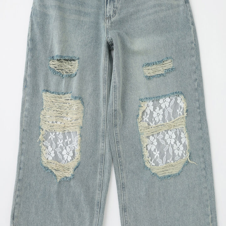 [LTXC] Lace Distressed Denim Wide Pants,Blue, medium image number 15