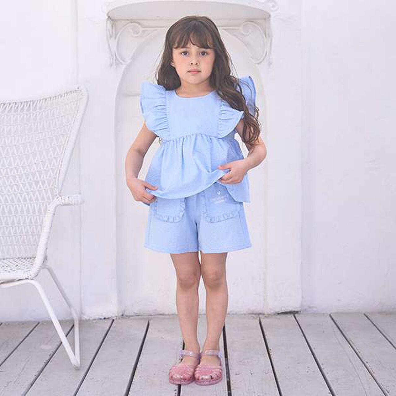 [Set Up Compatible] Frill Peplum Blouse,Light blue, large image number 8