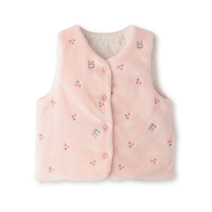 [Reversible] Cherry Embroidered Taffeta &times; Fleece Padded Vest,Pink, medium image number 3