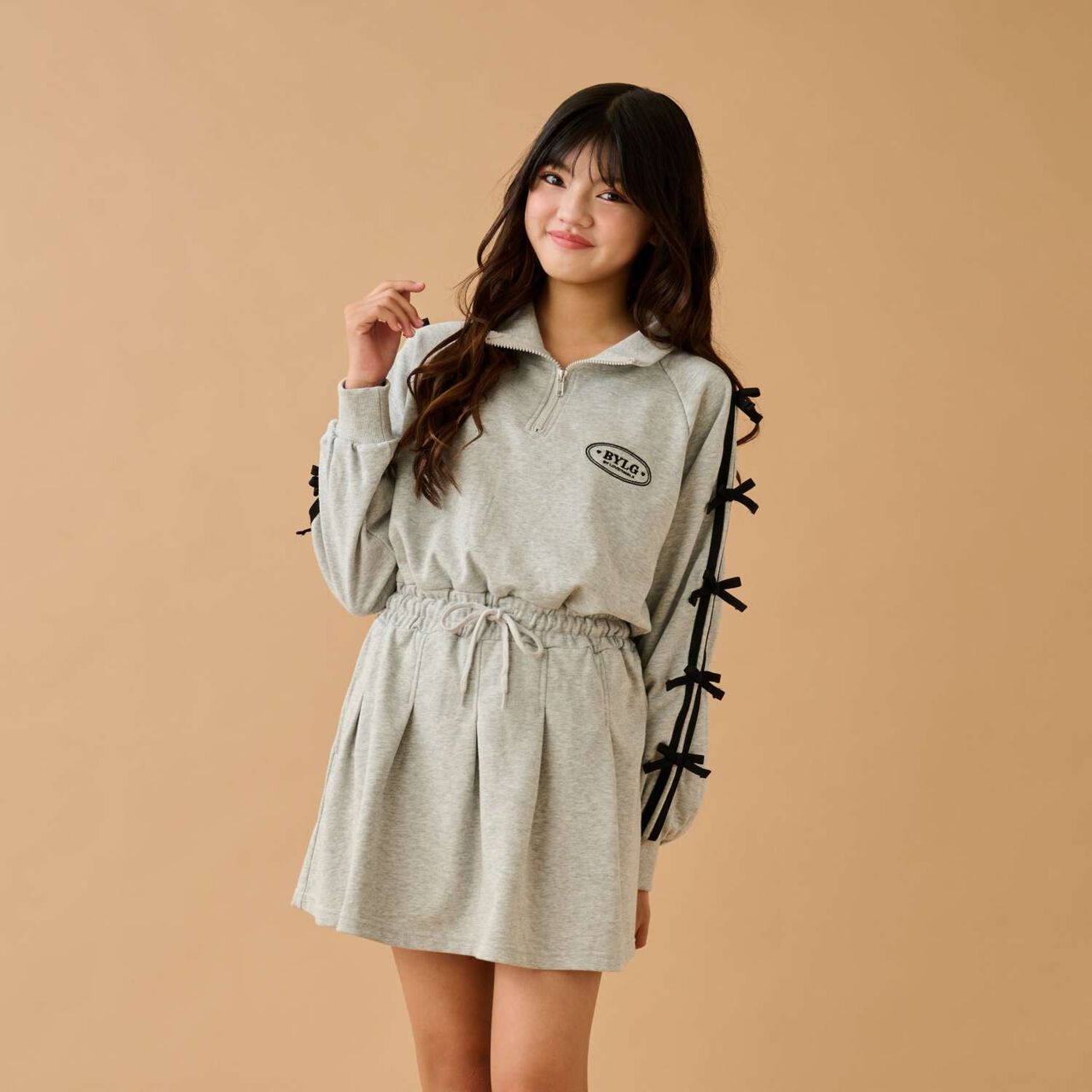 Sleeve Ribbon One-Piece Dress,Medium gray, large image number 0