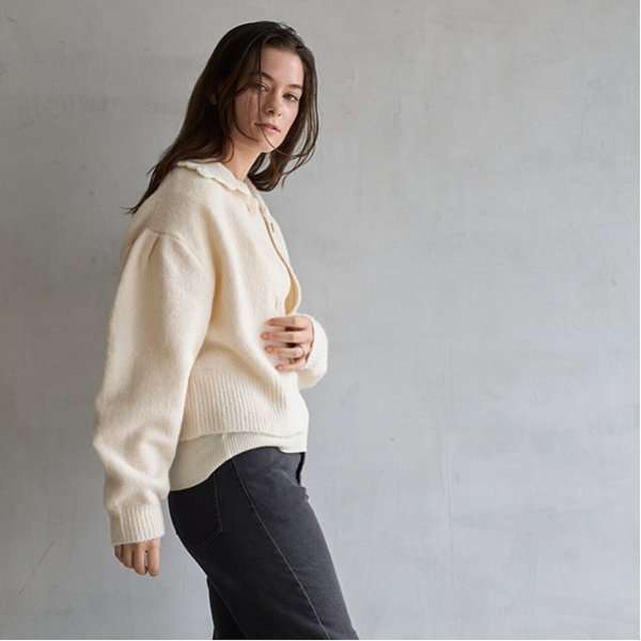 [Link] Collar Knit Cardigan,Charcoal gray, large image number 1