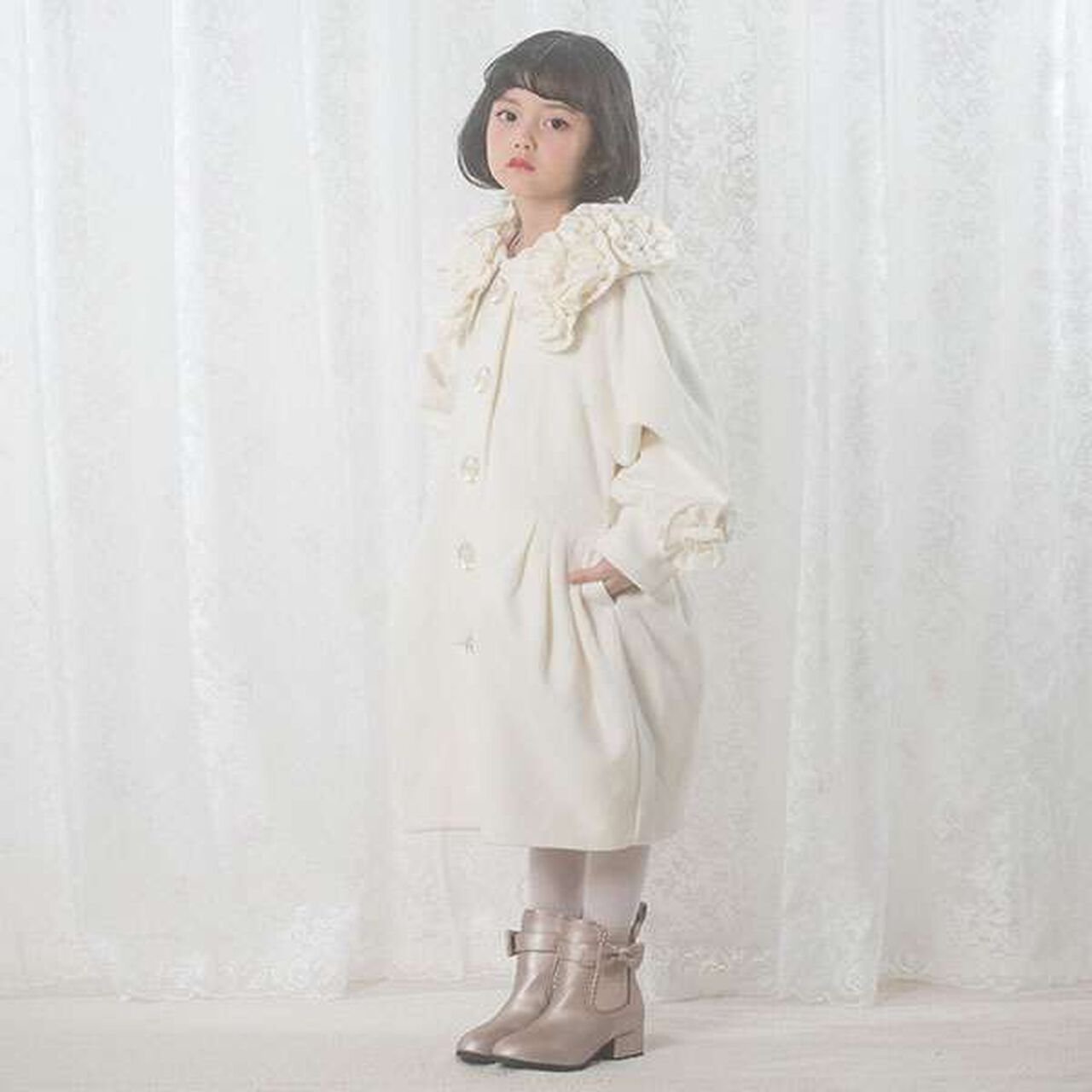 Flower Motif Balloon Coat,Off white, large image number 3