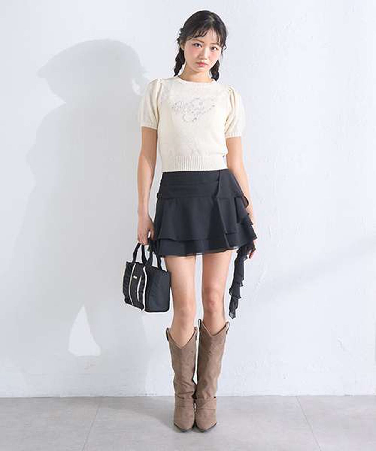 Chiffon Tiered Mini Skirt,Black, large image number 5