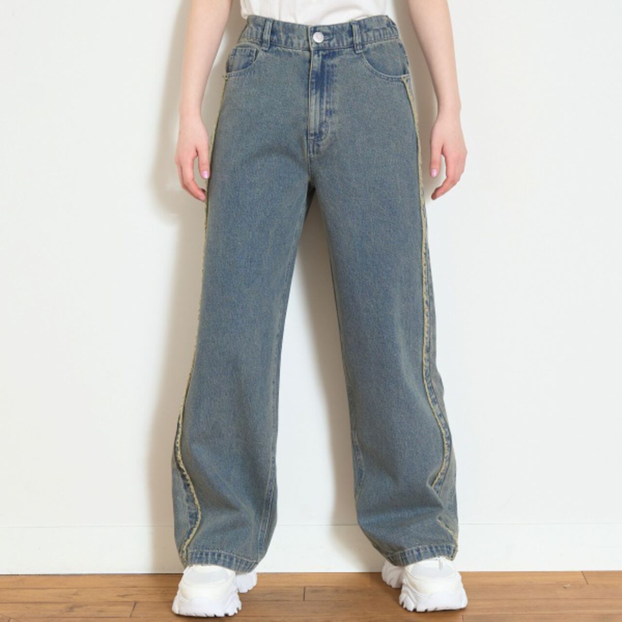 Fringe Denim Pants,Navy, large image number 0