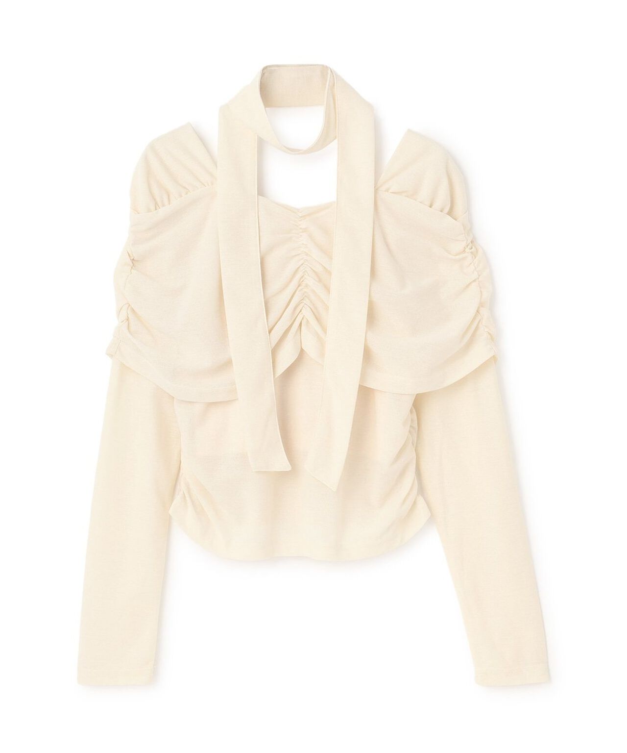 Tie-Detail Gathered Off-Shoulder Cut and Sew Top,Gray, large image number 2