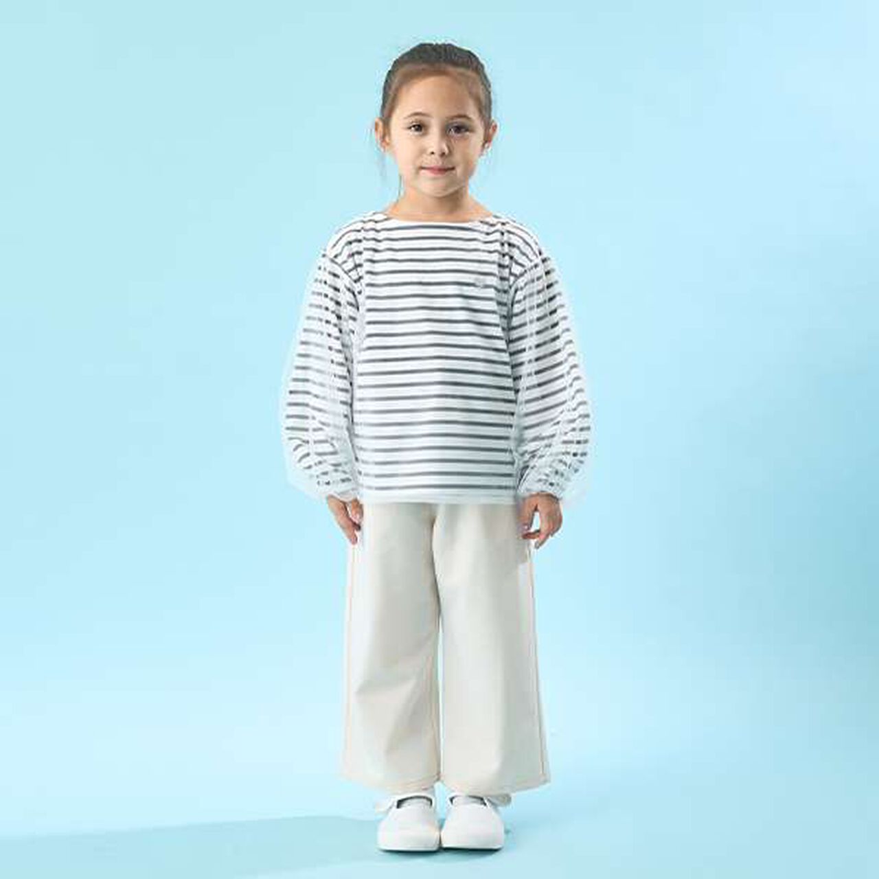 Soft Cotton Tulle Layered Stripe Boat Neck T-Shirt,Blue, large image number 1