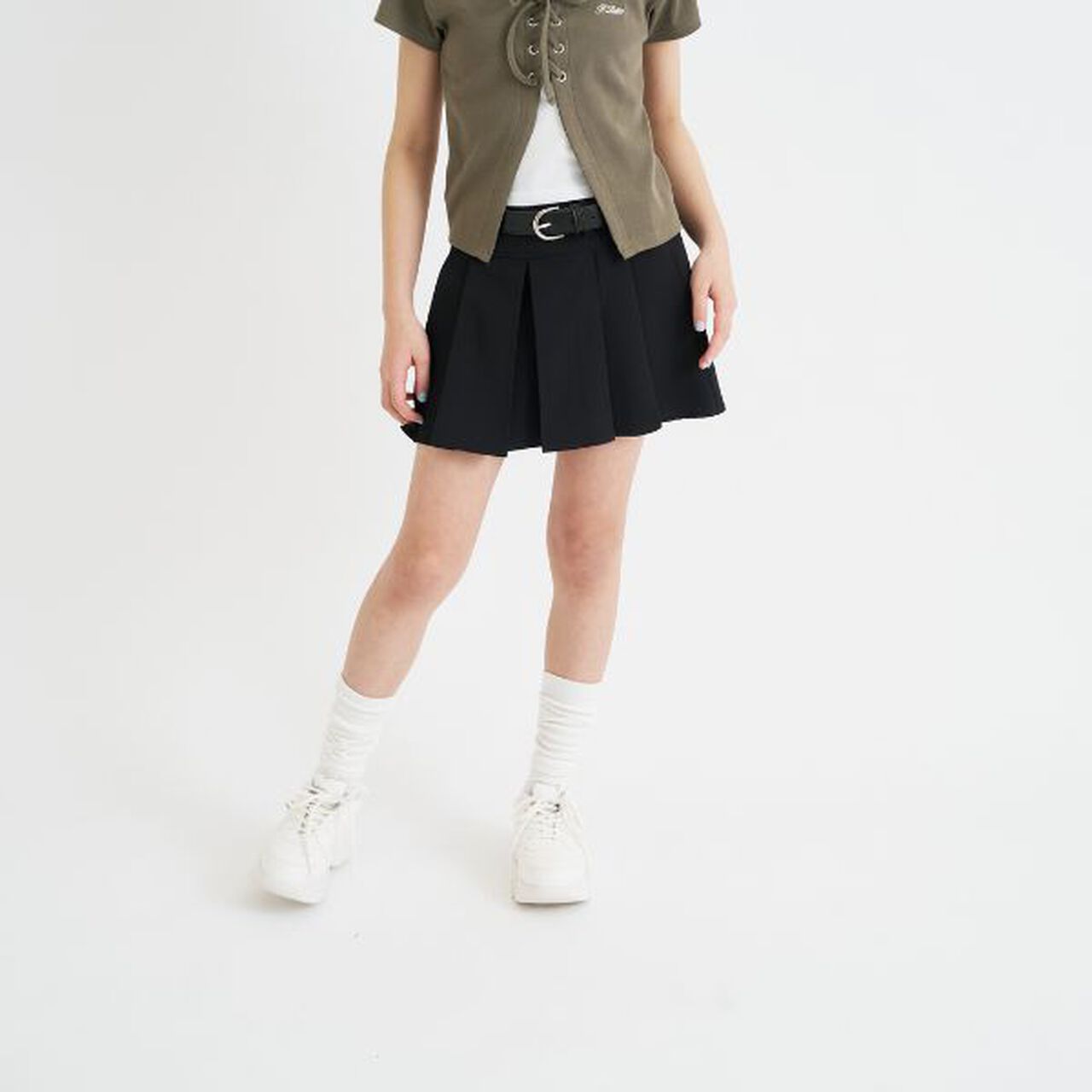 Pleated Mini Skirt with Belt,Light beige, large image number 11