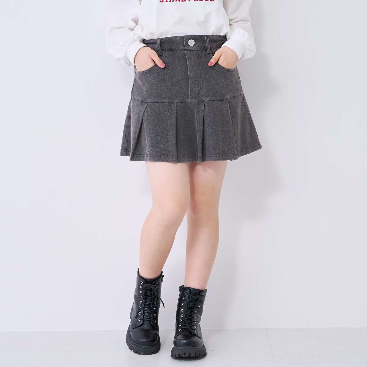 [Stretch] Denim-Look Cut Pleated Skirt,Blue, large image number 6